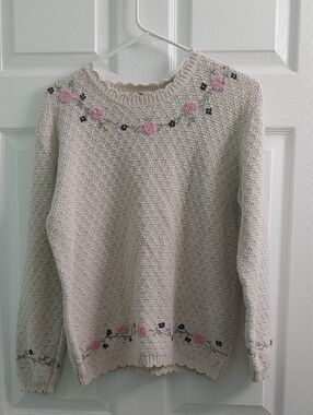 Northern Reflections Sweater Cream And Pink Floral Knit Women's Size S